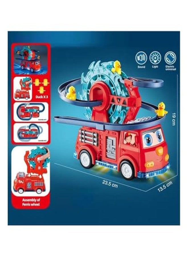 TOYVELLY مجموعة TOYVELLY 5 في 1 لمحرك الإطفاء، مسار سباق بط دوار، عجلة فيريس دوارة، شاحنة إطفاء بعيون متحركة، موسيقى وأضواء - Image 3